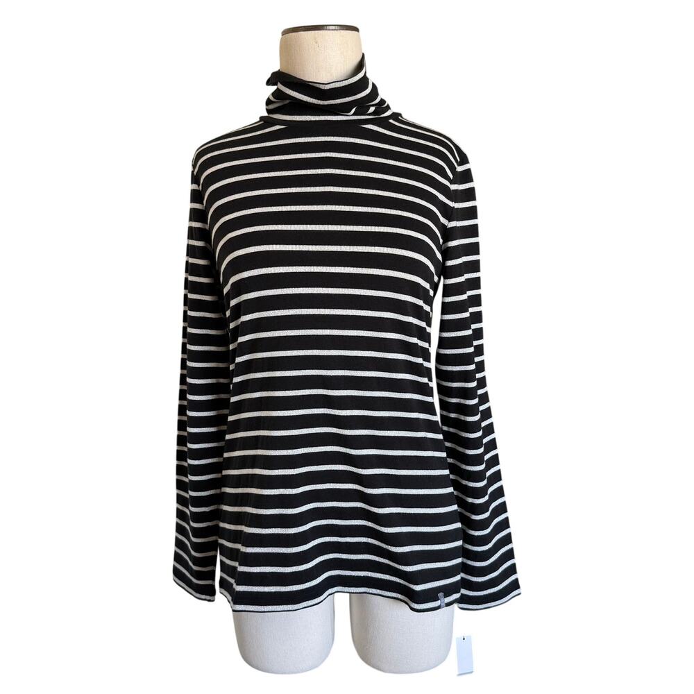 NEW T by Talbots Turtleneck Top Womens S Back Snap Neck Sparkly Striped Nautical